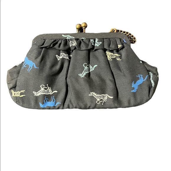 Gap 80% silk kisslock evening bag tuck away chain - running‎ horse design. - Picture 5 of 6